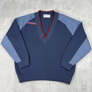 Vintage BMW M Sport 100% Wool V-Neck Sweater Blue Motorsport Knit Men Size L 90s